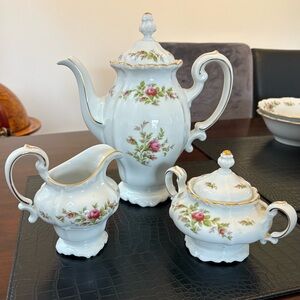 Antique Johann Haviland ‘Moss Rose’ Tea/Coffee carafe with Cream & Sugar Set